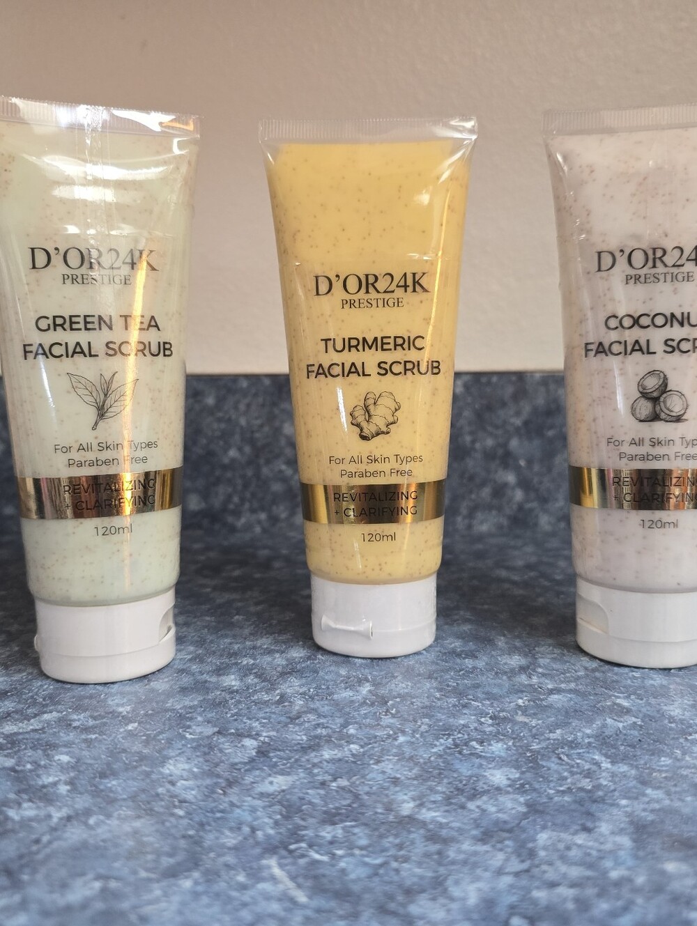 D'OR24K Green Tea, Turmeric, and Coconut Facial Scrubs FULL SIZE 120ml EACH